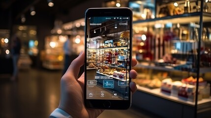 Augmented Reality Shopping Concept - Hand holding a smart phone, selecting a store, interactive digital experience:, Modern technology, convenience, online retail. Created using generative AI  - obrazy, fototapety, plakaty