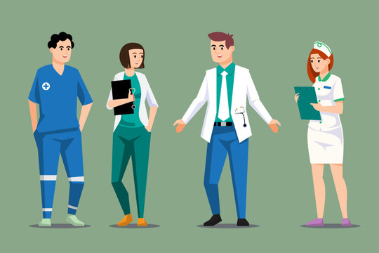 Set of doctors and nurse characters. Emergency or medical practitioners. Stop pandemic. Hero in white coat, woman or man. Medicine safety isolated. Vector illustration.