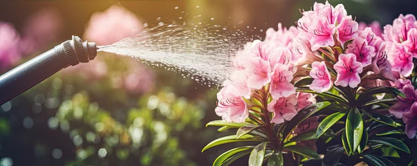Rolgordijnen Watering blooming rhododendron in the garden. pink rhododendrons flower are poured with water © Michal