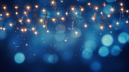 Fototapeta na wymiar holiday decoration and illumination. christmas garland lights bokeh with blue background. Generative AI
