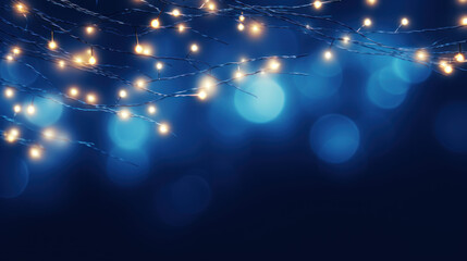 holiday decoration and illumination. christmas garland lights bokeh with blue background. Generative AI