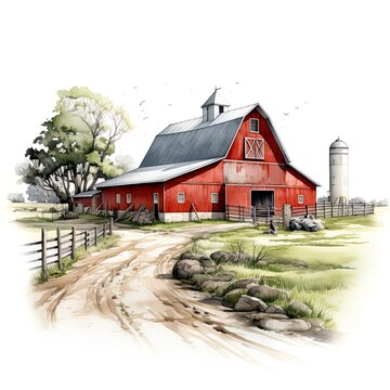 Red bard on farm drawing.