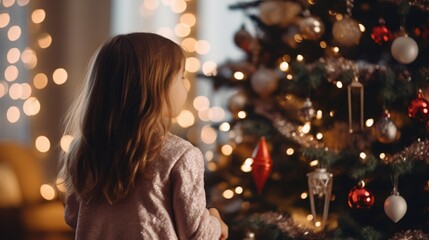 Obraz na płótnie Canvas Happy child decorating Christmas tree. Copy space. Website images