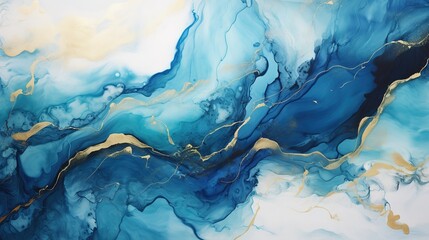 Blue blue liquid abstract background with gold flecks. Alcohol ink painting effect on turquoise marble - obrazy, fototapety, plakaty
