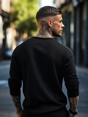 Fototapeta na wymiar Back view handsome man in black blank sweatshirt on city street background Mockup for printing and branding