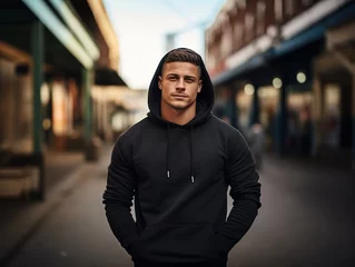 Gordijnen Man dressed in a blank black hoodie with hood and kangaroo pocket against the background of the city street. Mockup template for branding or printing © Irina Sharnina