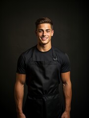 Naklejka premium Mockup of chef or waiter, baker, worker in blank black apron isolated on dark background