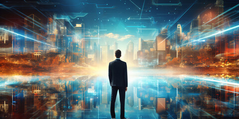 Geschäftsmann mit Blick auf eine futuristische Stadtlandschaft bei Nacht Technologie Business Hintergrund 