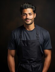 Mockup of chef or waiter, baker, worker in blank black apron isolated on dark background