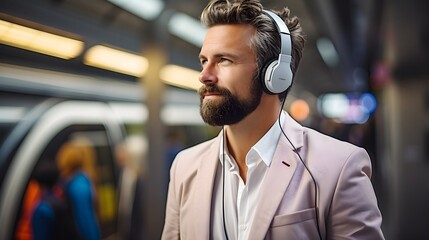 Happy Young Adult Commuter Listening to Music on Public Transportation with Headphones. A content with a happy, young adult listening to music on public transportation. - obrazy, fototapety, plakaty