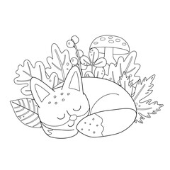 Cute kids coloring book with sleeping fox among forest plants. Simple black outline of wild animal.