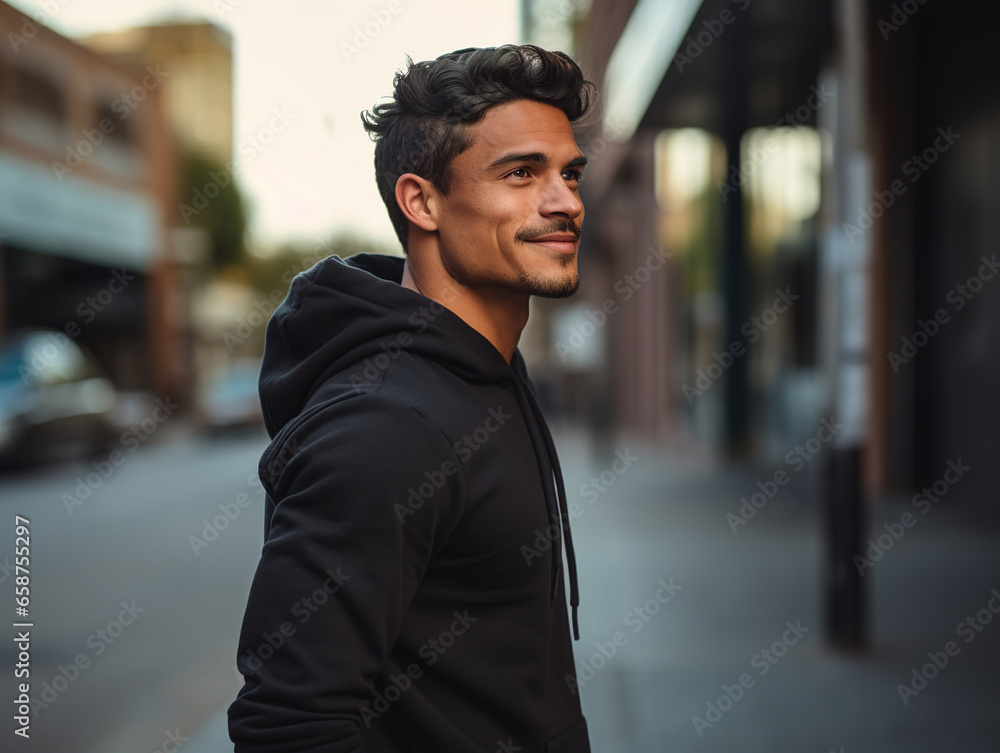 Wall mural City street portrait of a handsome hipster guy wearing a black blank hoodie or sweatshirt. Side view