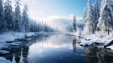 Winter mountain river in snow . Natural landscape background