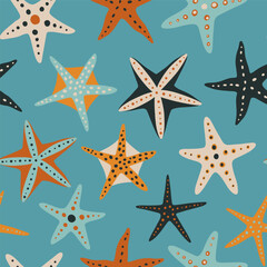Fototapeta na wymiar Seamless pattern with starfish. Hand-drawn doodle sea shells, starfish. Summer beach print. Cute ocean background. Marine theme design. Abstract design for clothing, wrap, textile, fabric.
