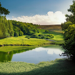 green landscape with small lake with Generative AI 