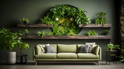 Comfortable and Cozy Living Room with Green Decor and Indoor Plants. Comfortable green sofa in a cozy living room with potted plants.