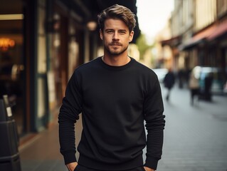 Urban portrait of a handsome hipster with a simple empty black jacket or sweatshirt on a city street, with space for your logo or design. Mock up for printing - obrazy, fototapety, plakaty
