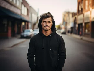 Fotobehang Attractive sporty man dressed in a blank black hoodie with hood and kangaroo pocket against the background of the city street. Mockup template for branding or printing © Irina Sharnina