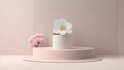 3d rendering of white flower in vase on podium for cosmetic product display