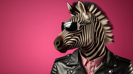 Creative animal . Stylish zebra dressed in a shirt and jacket , surrealism character in sunglasses on pink background