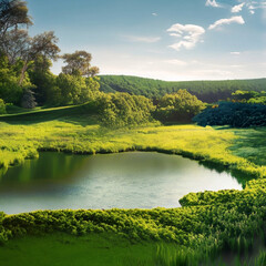 green landscape with small lake with Generative AI 