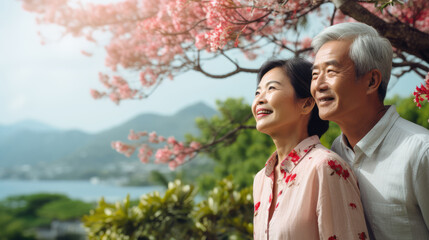 Happy asian senior couple standing in front of a blooming sakura tree - obrazy, fototapety, plakaty
