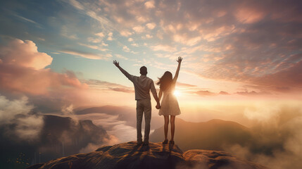 Romantic couple holding hands while standing on the top of the mountain and sunset background. - obrazy, fototapety, plakaty