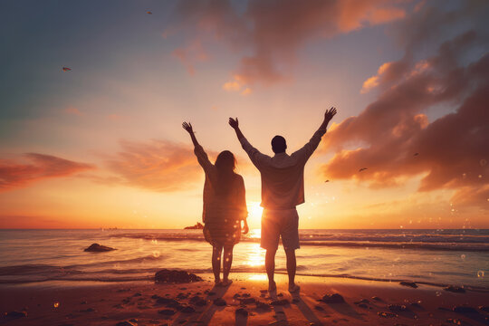 Happy young travel couple celebrating on the beach at beautiful summer sunset