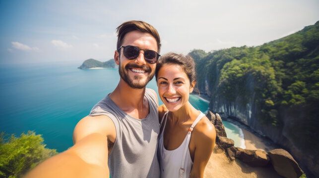 Couple taking selfie on the top of the mountain and sea background. Travel and holiday concept.