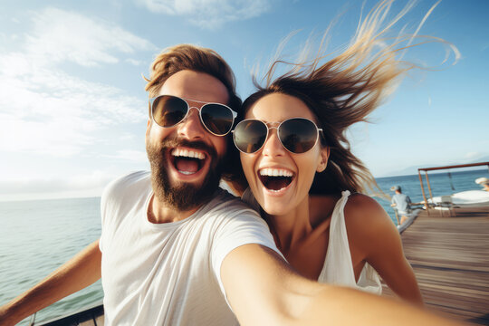 Cheerful travel couple in sunglasses making selfie on the yacht at sea.