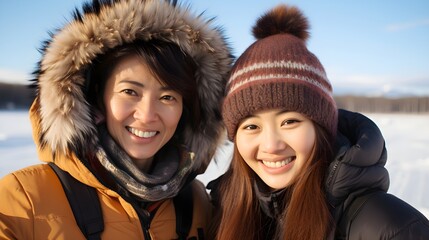 Two Smiling Friends Enjoying Winter Fun Outdoors. Two smiling adults wearing warm winter clothing in the snow.