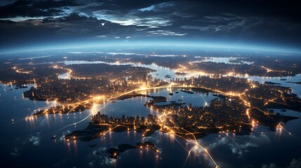 Obraz premium Serenity Above the Urban Horizon. A breathtaking cityscape with a serene sunset reflecting on the water.