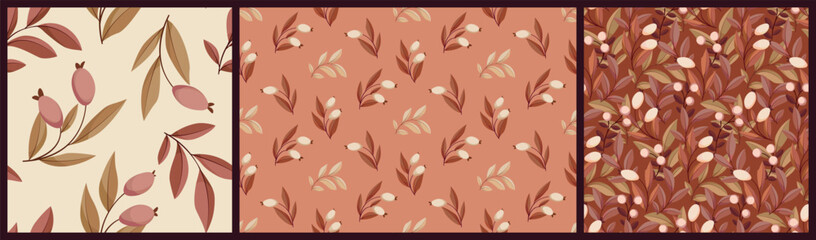Seamless botanical pattern, natural autumn print with vintage motif in the collection. Floral design with hand drawn berries, leaves, flowers, branches in brown colors. Vector illustration.