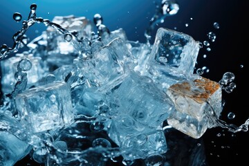 crushed Ice cubes and water splashes background.