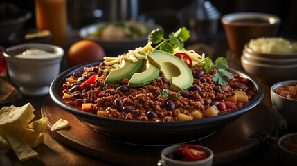 A close up of a steaming bowl of chili loaded UHD wallpaper Stock Photographic Image - obrazy, fototapety, plakaty