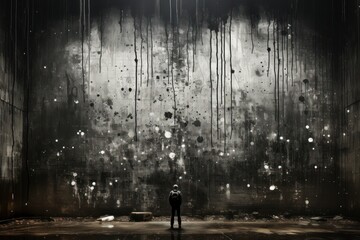 A black and white image of a graffiti-covered grunge wall, emphasizing the contrast and starkness...