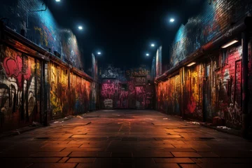 Fototapete Enge Gasse A cinematic shot of a grunge wall in an urban alley, illuminated by the soft glow of neon signs, evoking a sense of urban mystery and intrigue