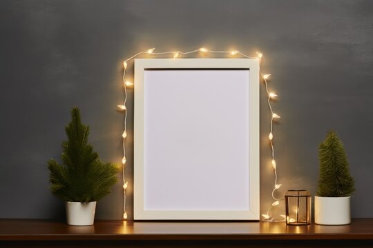Empty Christmas frame on the wall surrounded by small Christmas lights with a little Christmas tree in a pot, mock up template