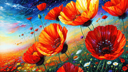 Summer meadow full of wild poppies oil painting on canvas, artistic vision of wild field poppies, summer flowers background.