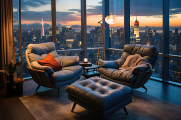 cozy living room with comfortable chairs on a high rise building with a new york's view at sunset