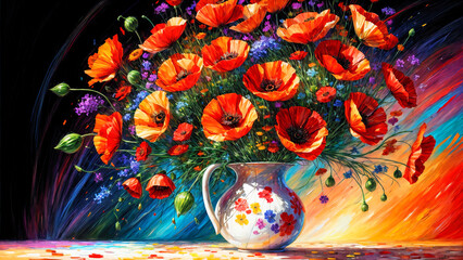 A bouquet of field poppies, an oil painting on canvas, an artistic vision of wild field poppies.