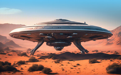 Alien spaceship as science fiction background, UFO alien technology vehicle on red desert. - obrazy, fototapety, plakaty