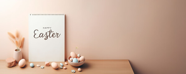 "Happy Easter" text on a notepad, Easter themed banner, minimalist pastel pink design
