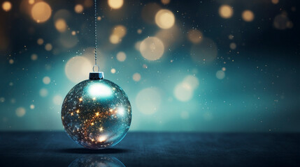 Fototapeta na wymiar Silver Christmas ornament balls on blue glitter background, room for marketing copy and text, winter seasonal 