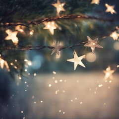 Christmas Lights - Stars String Hanging At Fir Branches In Abstract Defocused Background