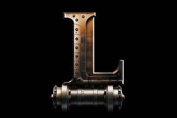 Industrial 3D font design, realistic iron steel alphabet, capital letter L with metal texture isolated on black background, factory style abc