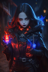Fototapeta premium A Halloween smilling man with long cap and dark eye a mysterious light that illuminates the dark night. His long leather full of black and red blue and green and the power of black, with a Halloween