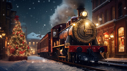 Christmas train in Santa village on snowy background,  winter seasonal marketing asset