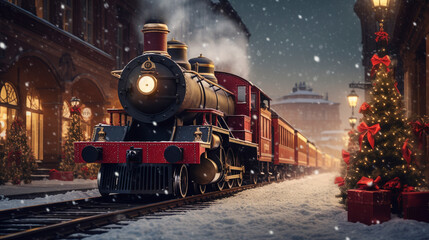 old locomotive train for the christmas holiday and winter season, at night in the snow with warm lights  - obrazy, fototapety, plakaty