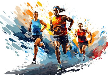 Running people. Marathon. Human activity. Design for sport. Sporting a watercolor style with paint splatters. Illustration for cover, card, postcard, interior design, decor or print. - obrazy, fototapety, plakaty